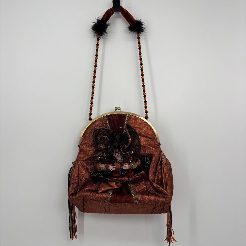 Mark Roberts Pumpkin Spice Witch Purse Halloween Orange Beaded Handle Handbag